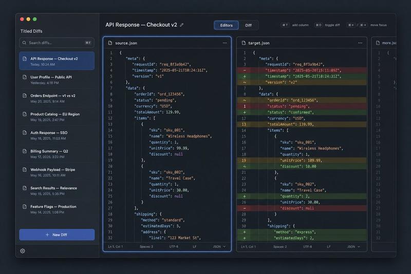深色 JSON Diff 工具 UI 原型