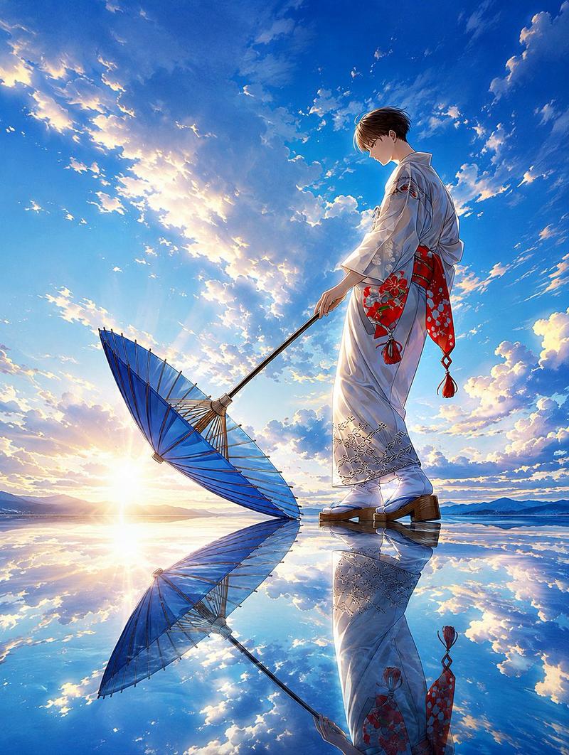 身着和服手持蓝伞的人物