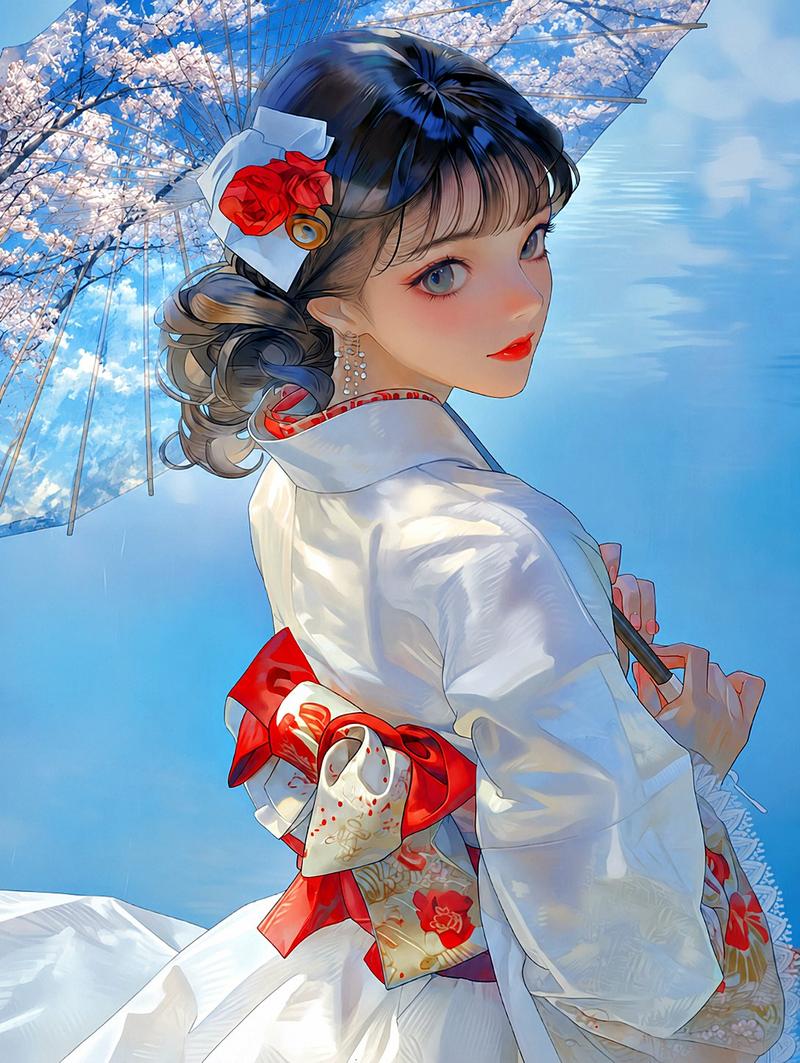 和服少女双重曝光雨伞
