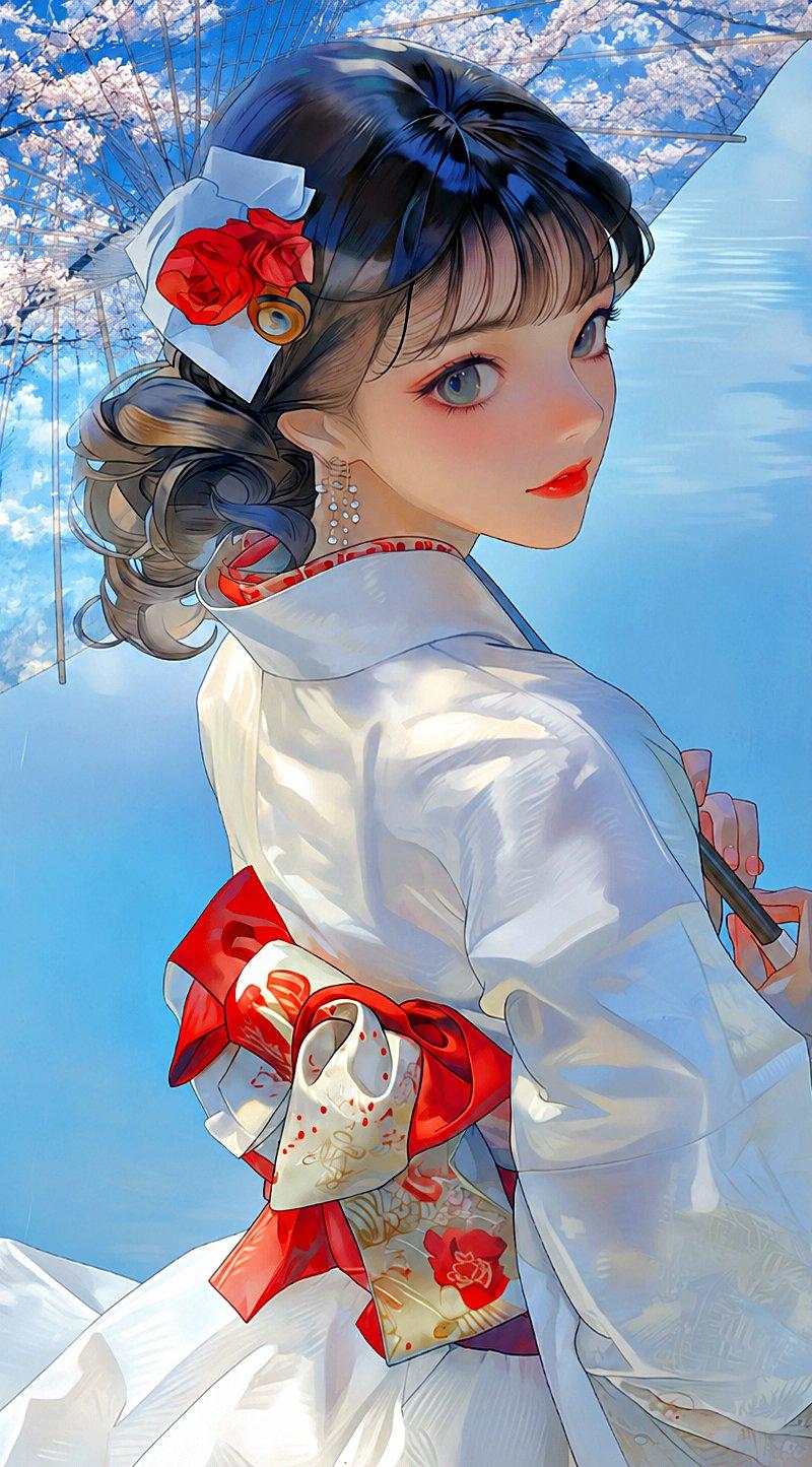 和服少女双重曝光雨伞