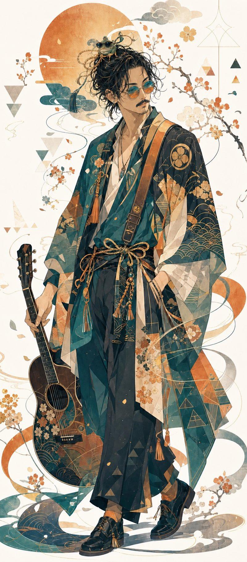 和服吉他手时尚插画