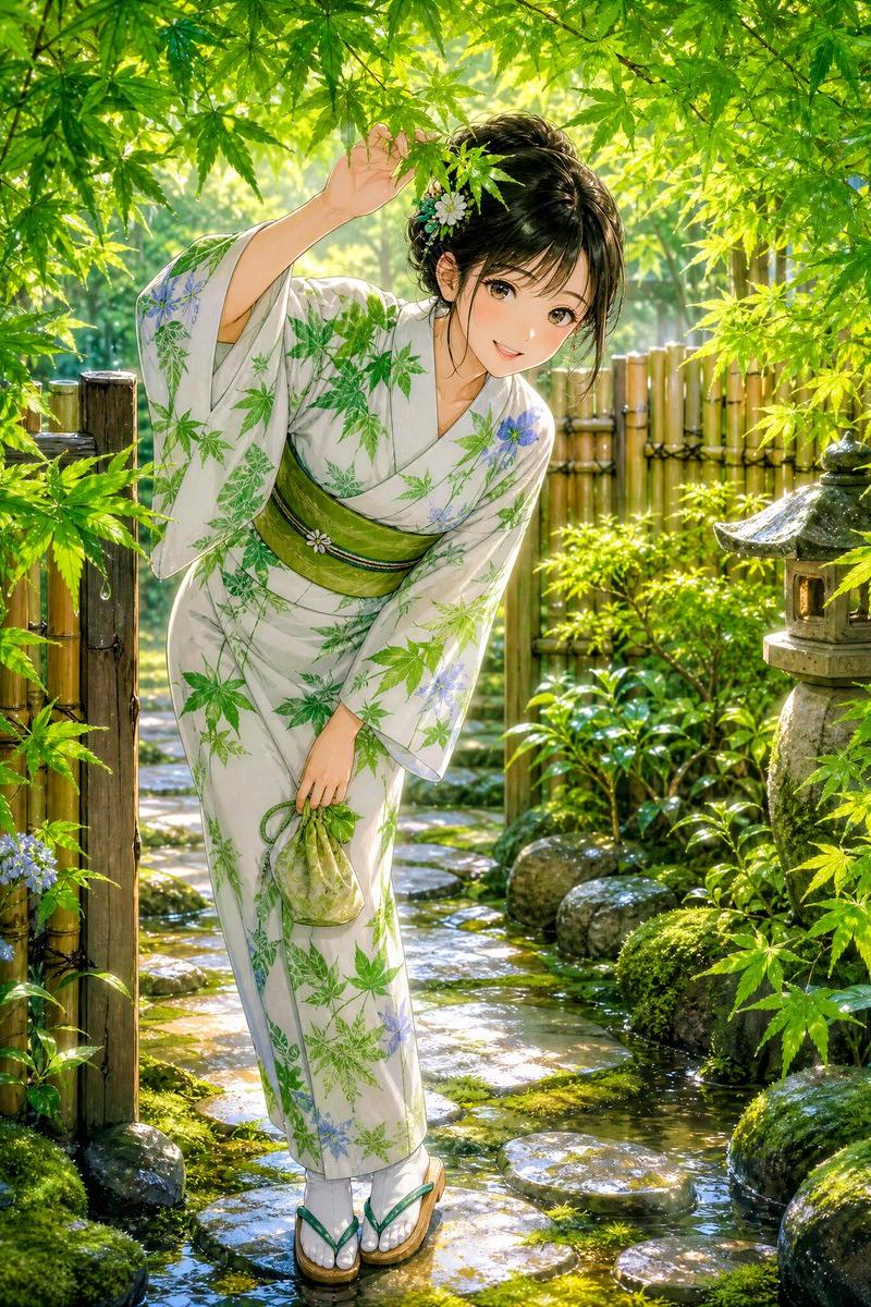 雨中枫叶庭院和服场景