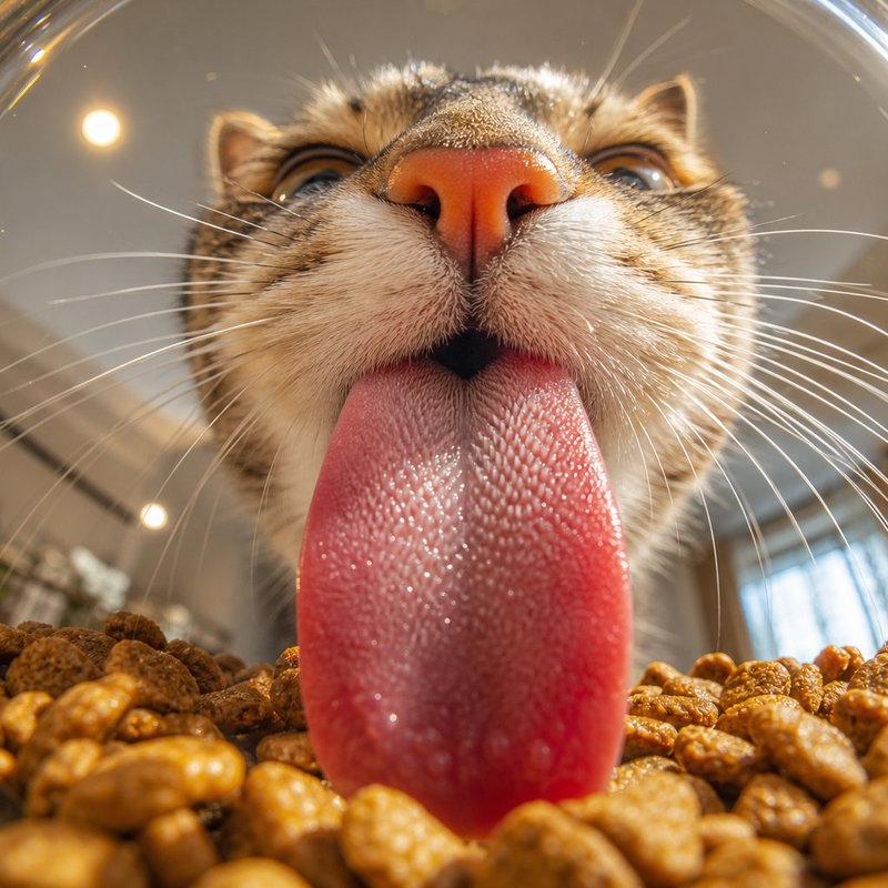 猫咪食盆内的微距舌头特写