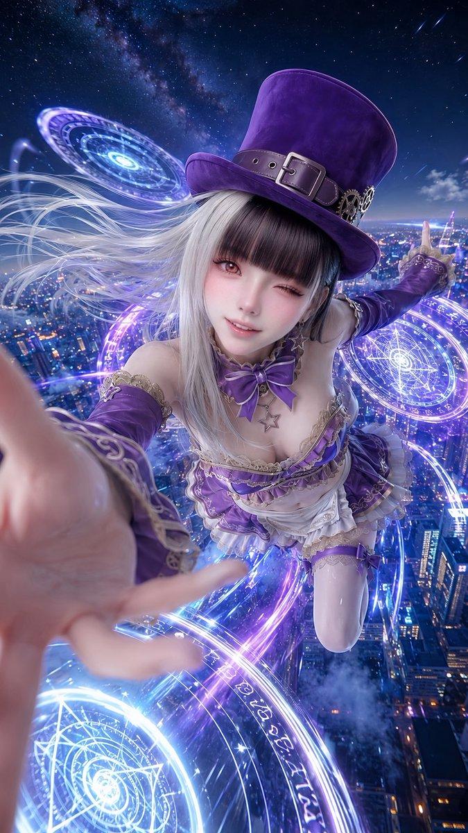 霓虹城市上空的蒸汽朋克魔法偶像