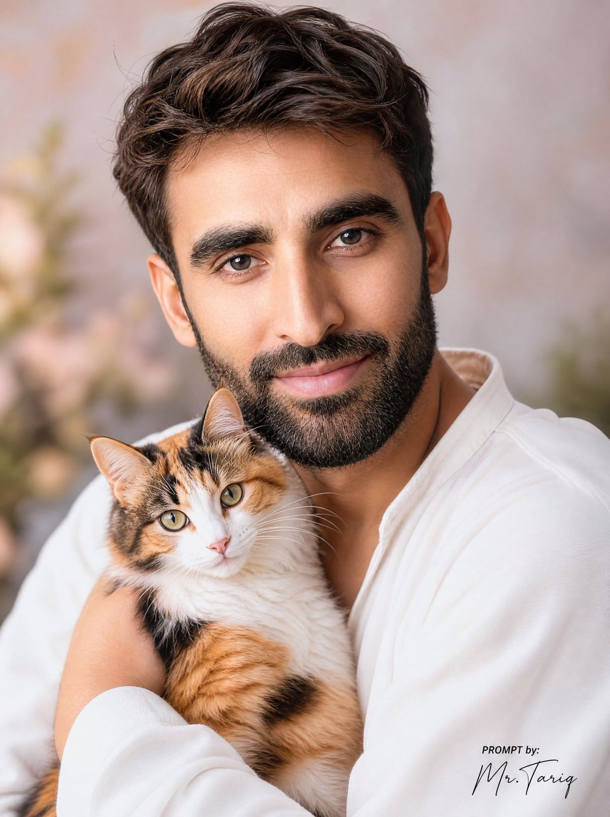 Dreamy Man Holding Calico Cat Portrait