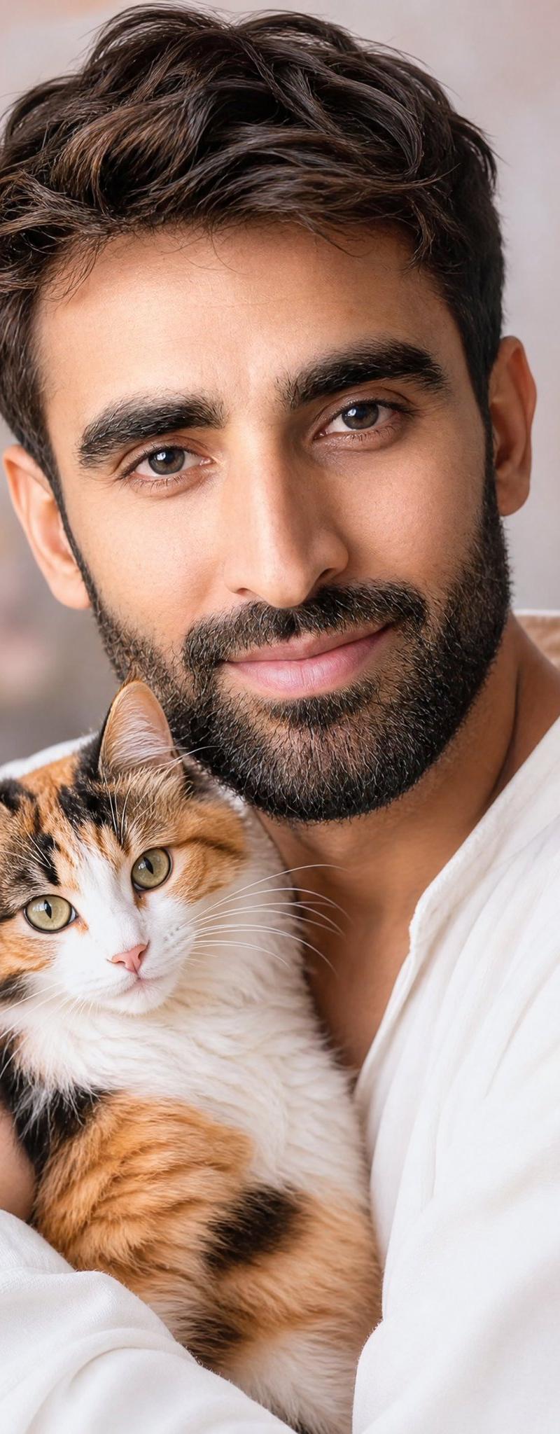 梦幻男子怀抱三花猫肖像
