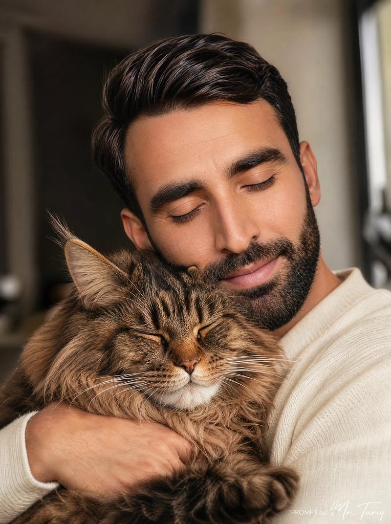 Cozy Man Hugging Maine Coon