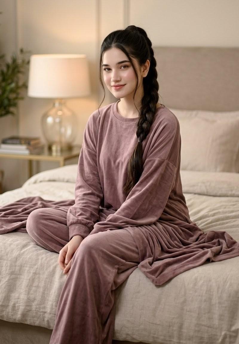 淡紫色家居服卧室人像