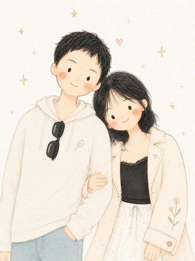 极简动漫情侣水彩插画