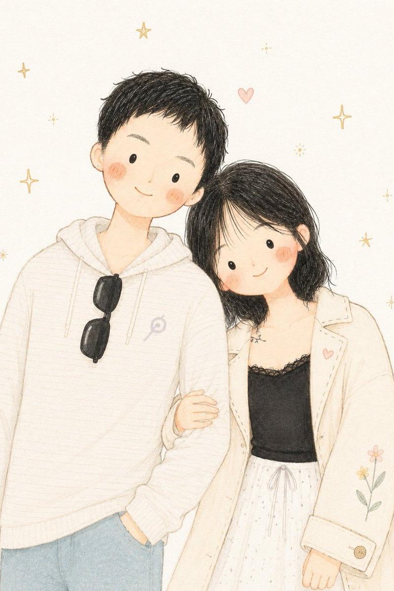 极简动漫情侣水彩插画