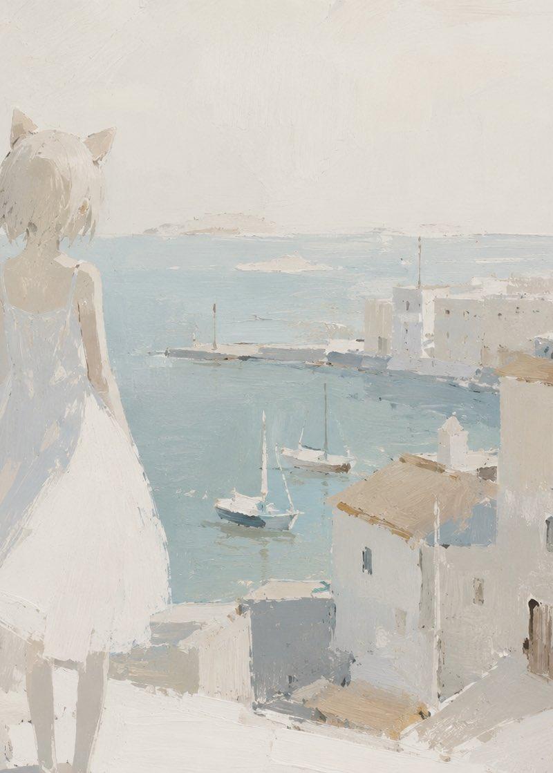 极简猫耳少女海边画作