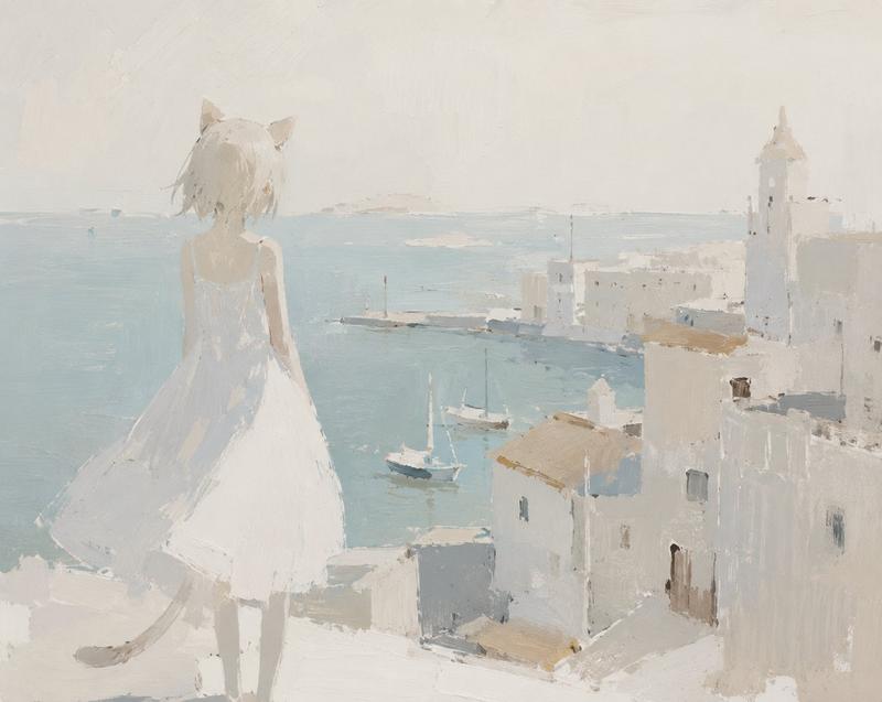 极简猫耳少女海边画作