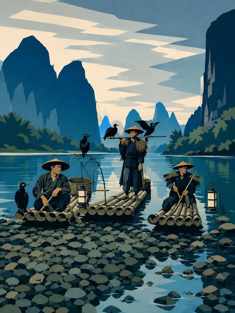 极简主义鸬鹚捕鱼海报