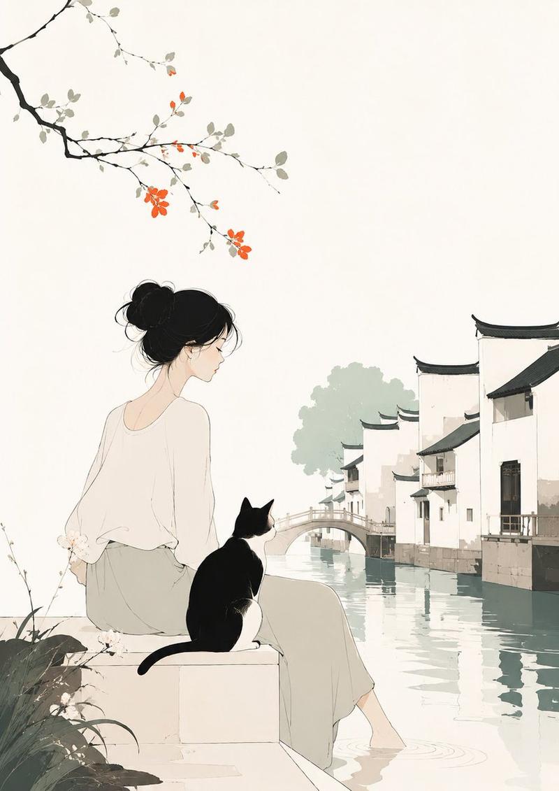女孩与猫的极简主义插画