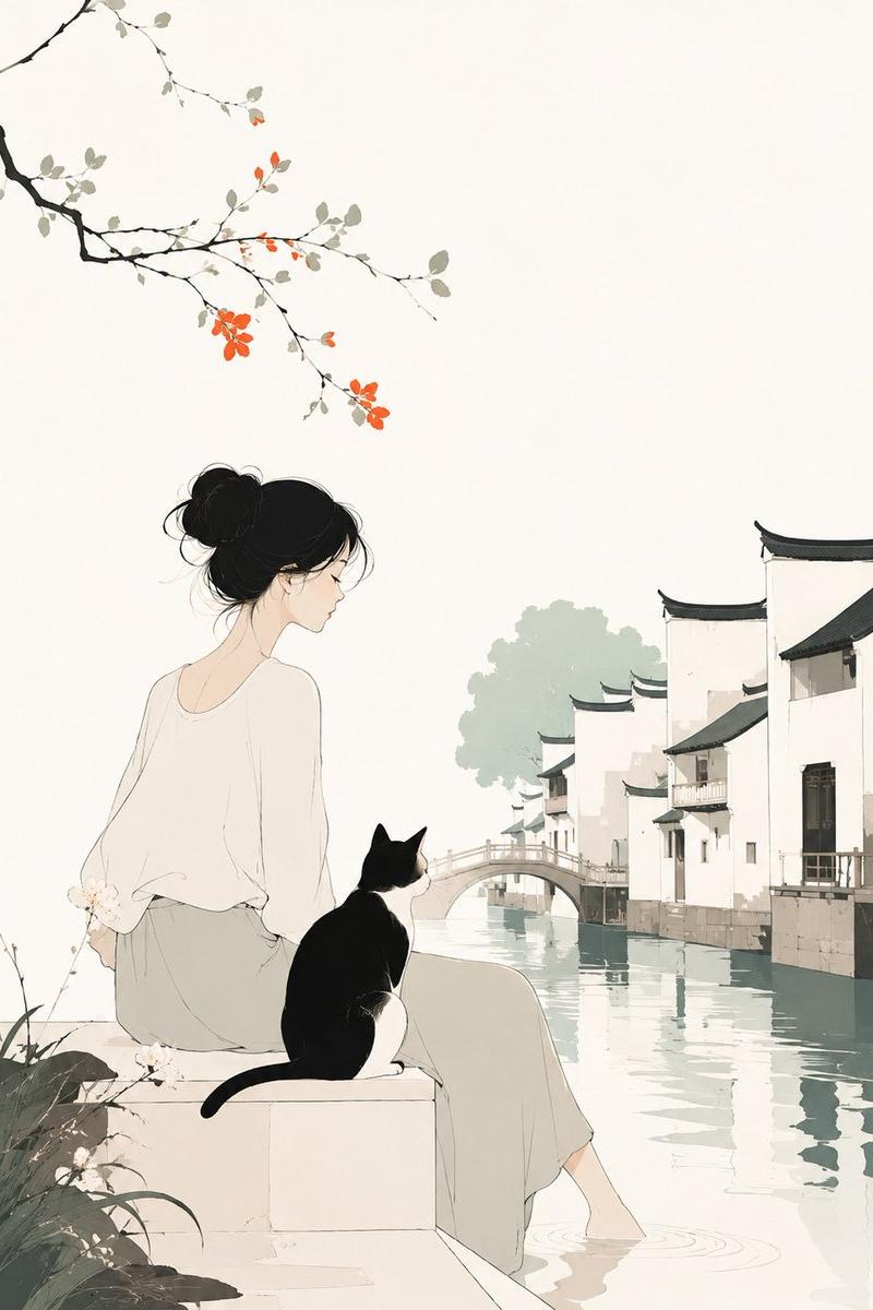 女孩与猫的极简主义插画