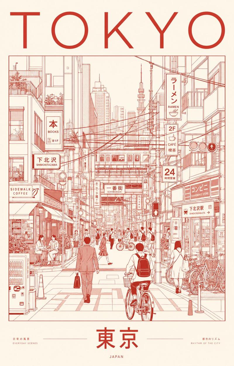 极简主义东京城市线条艺术海报