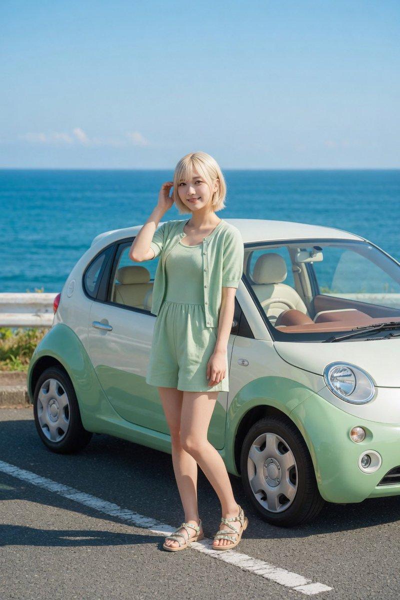 Mint Compact Car by the Sea