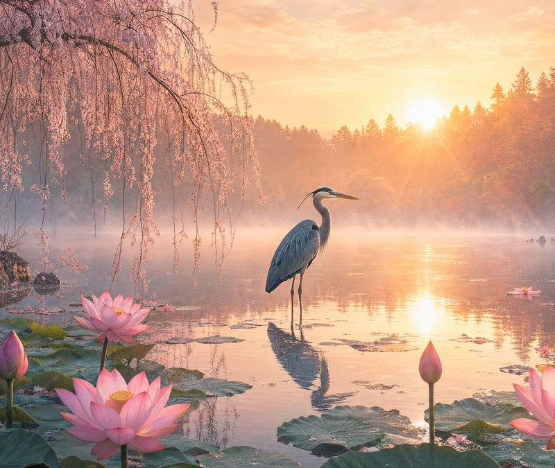 薄雾晨曦荷花池