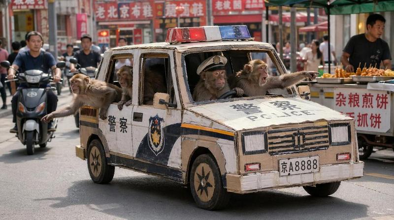 猴子巡逻队驾驶纸板警车