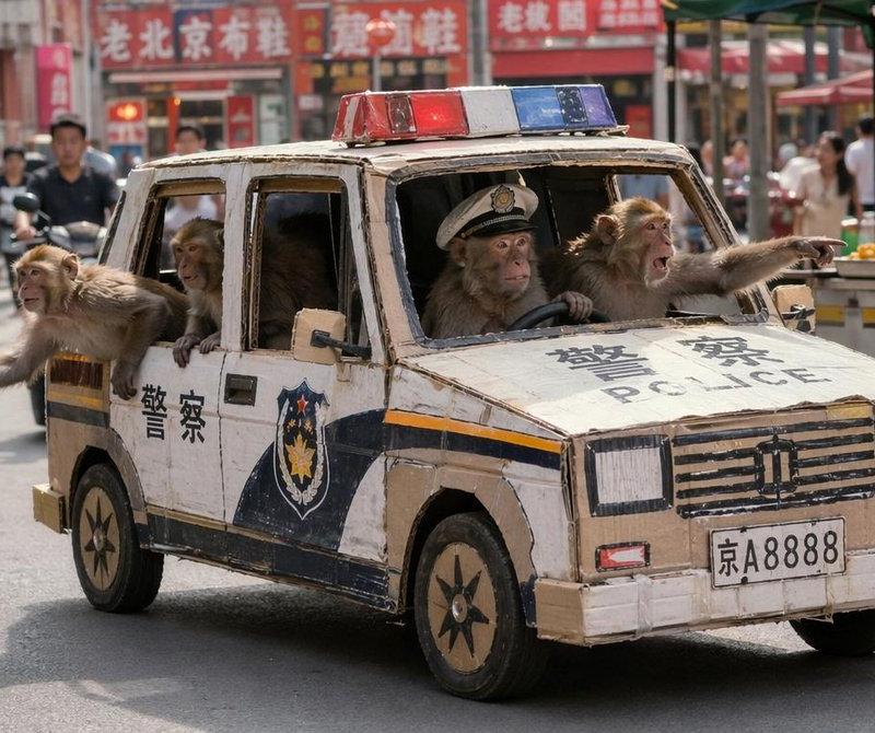 猴子巡逻队驾驶纸板警车