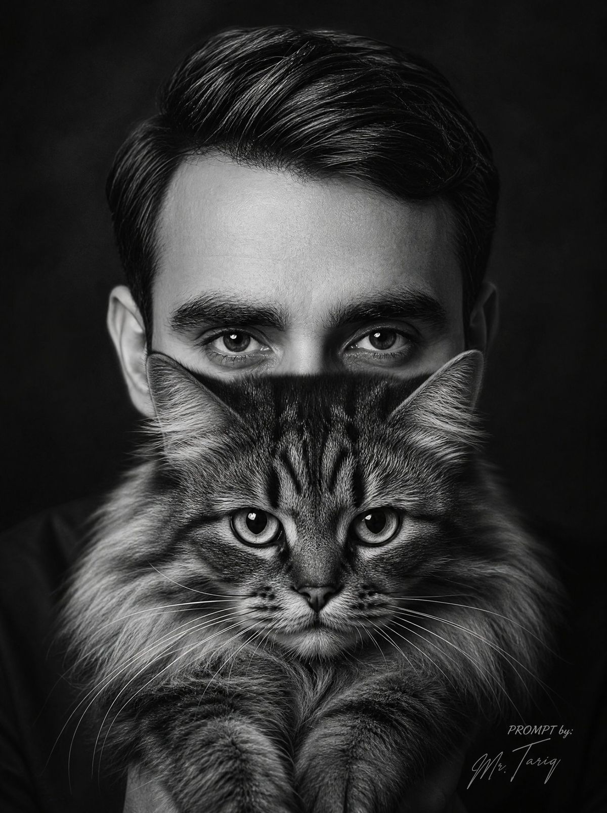 Monochrome Man Holding Cat Portrait