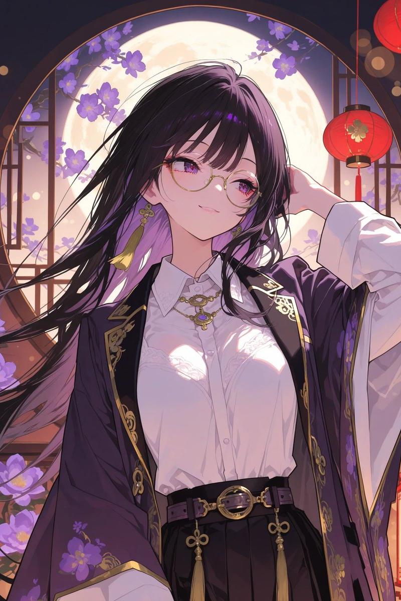 月光下身着华丽和服的动漫女性