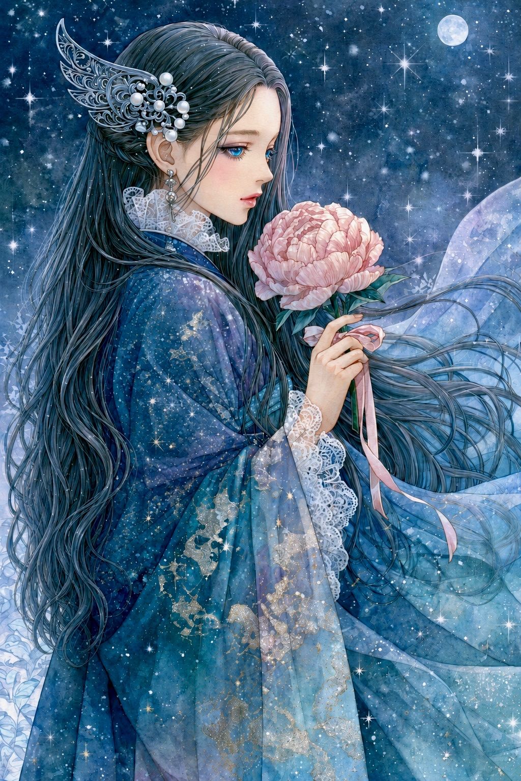 月光下的动漫少女与牡丹