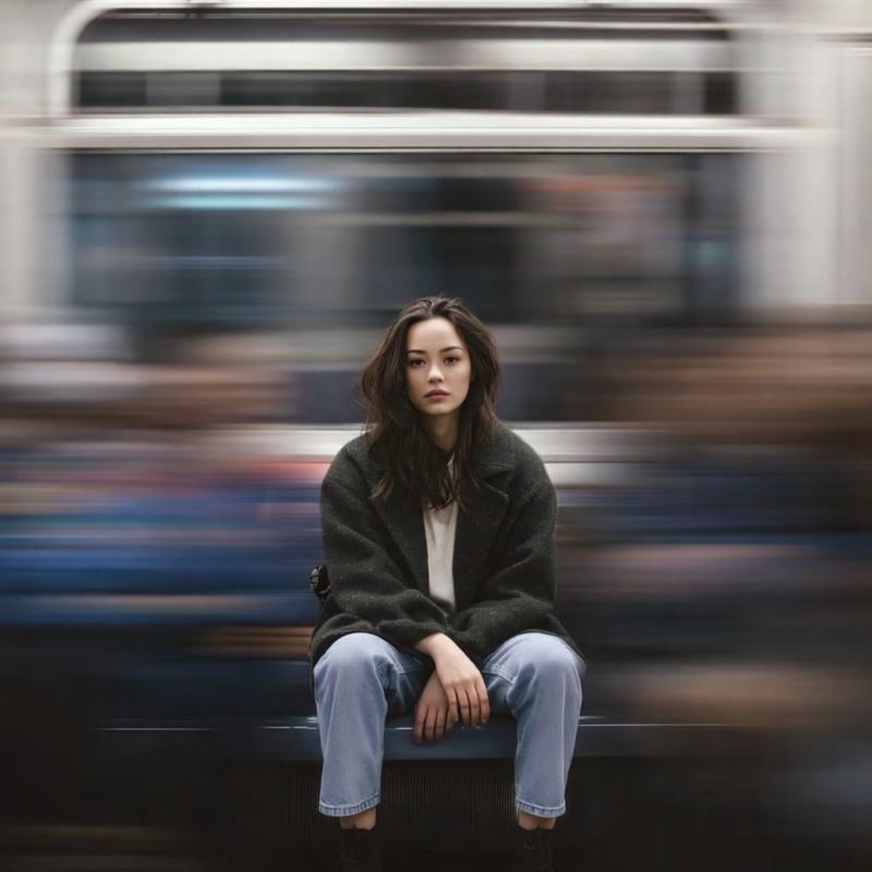 地铁站台上静止的女性
