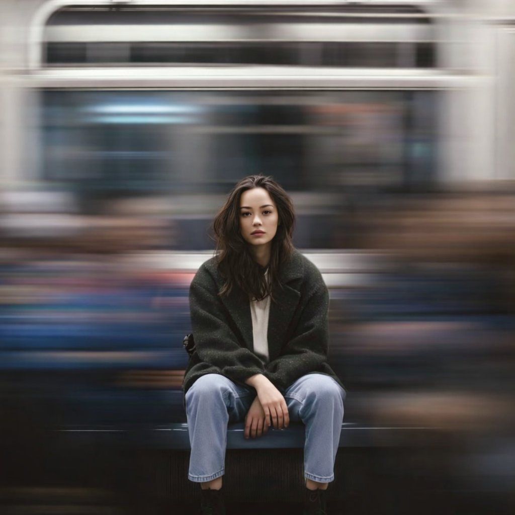 地铁站台上静止的女性