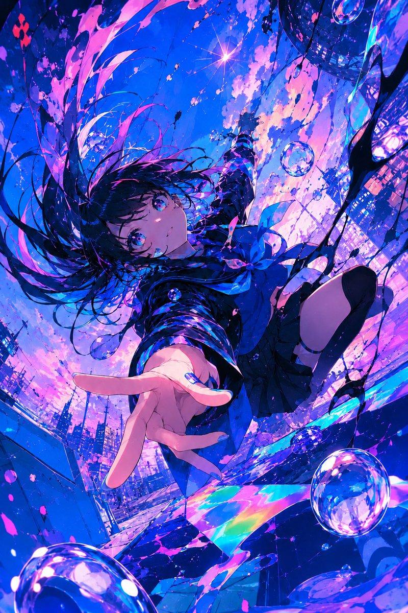 霓虹动漫少女坠入城市天空