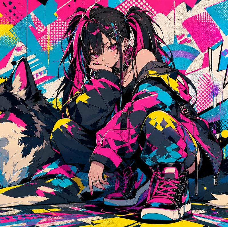 霓虹朋克少女与哈士奇