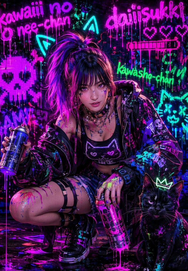 霓虹朋克涂鸦少女与猫