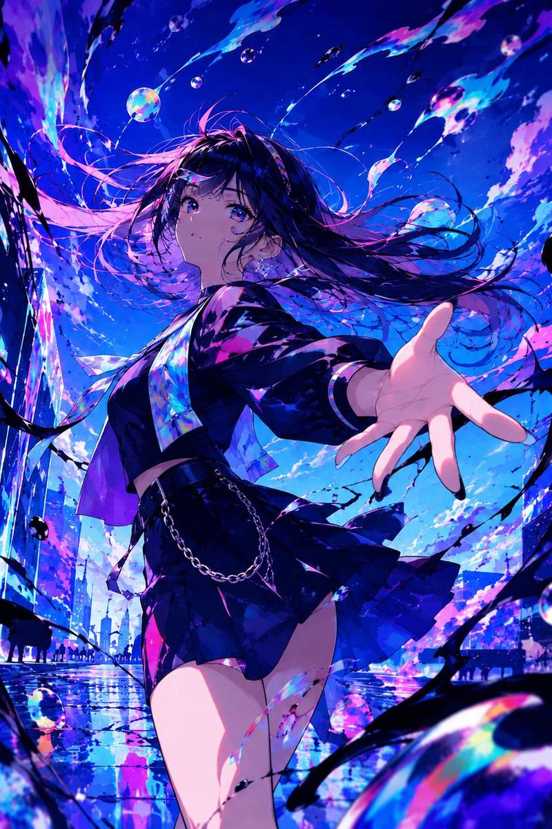 霓虹雨中的动漫少女