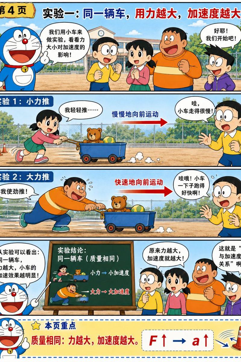 哆啦 A 梦风格牛顿第二定律漫画