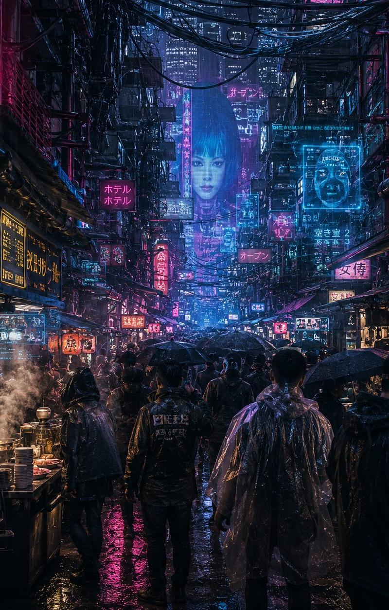 嘈杂的赛博朋克雨夜小巷