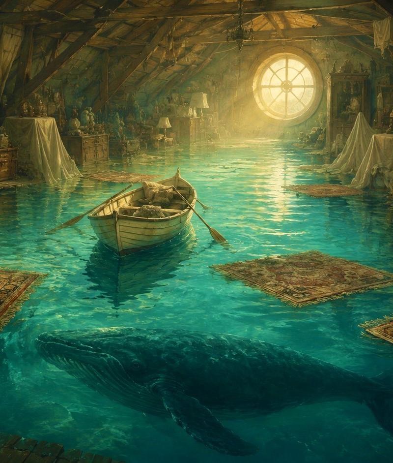 阁楼里的超现实海洋插画