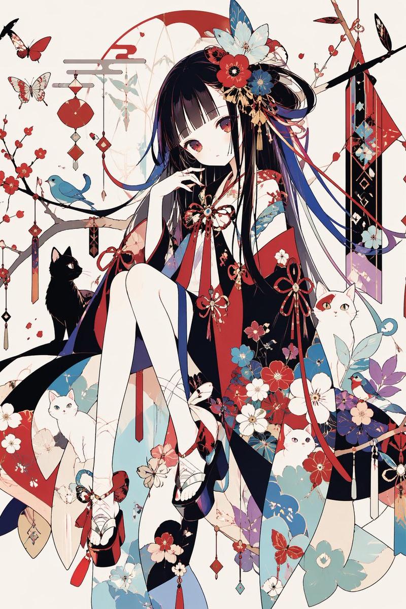 和风装饰感和服少女与猫