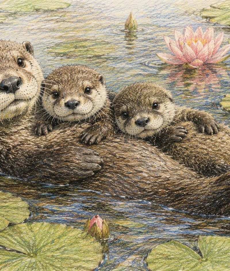 水獭一家荷塘插画