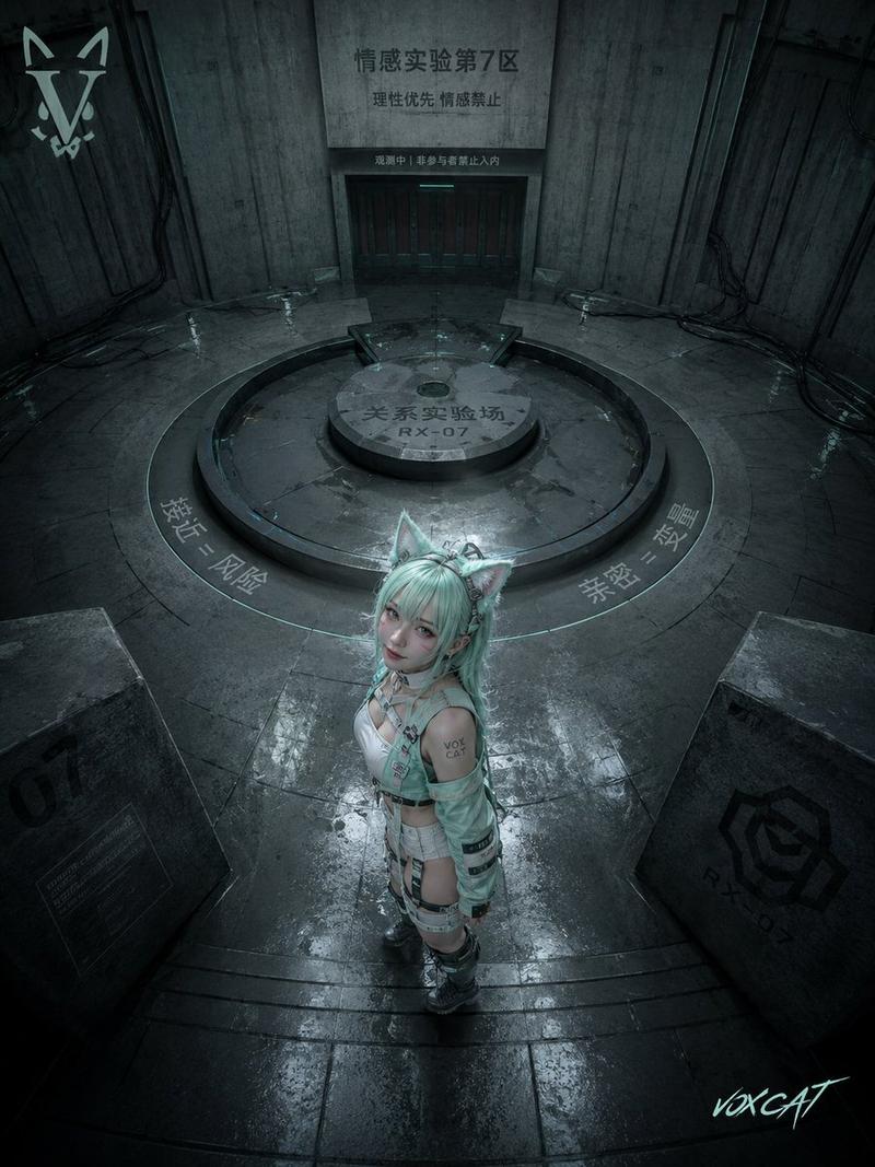 俯视视角科幻猫耳少女测试场