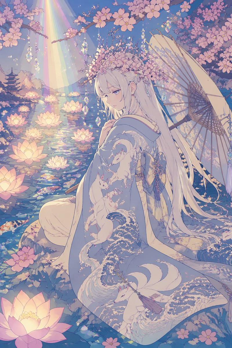 莲花池畔的粉彩动漫和服少女