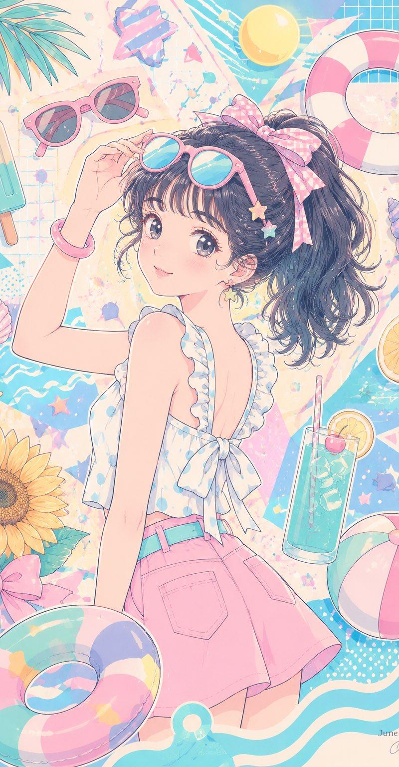 马卡龙色系动漫风夏日海滩拼贴画