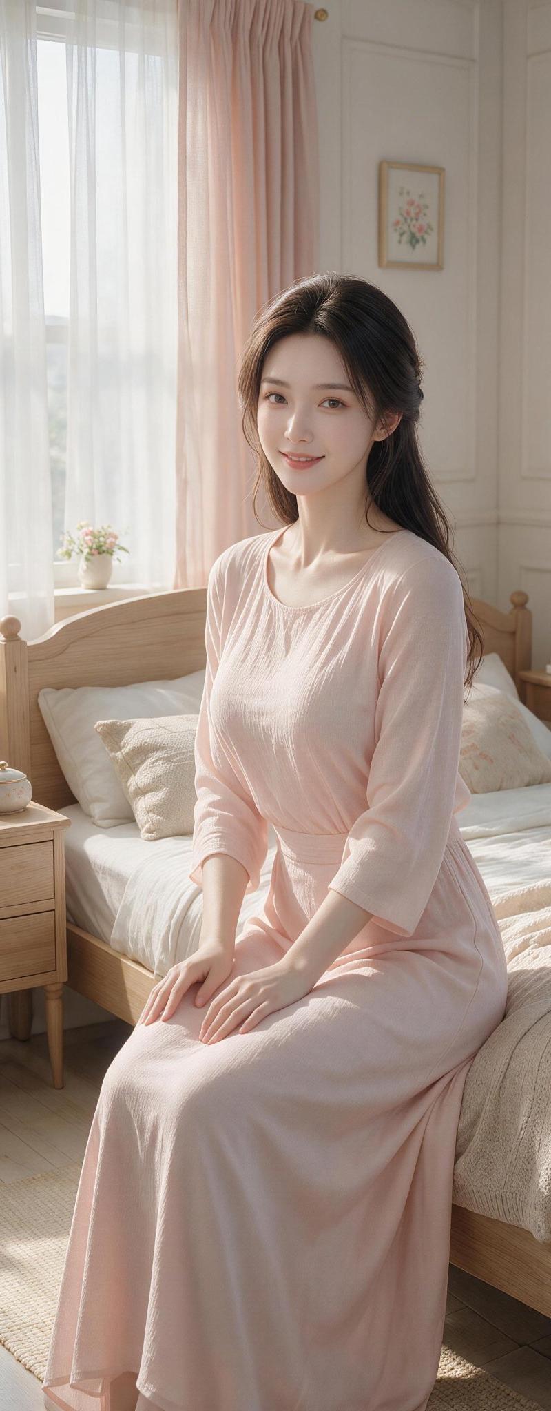 柔和色调卧室中的 3D 女性肖像