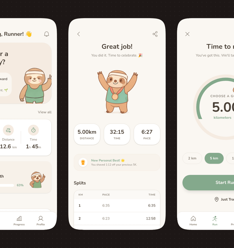 带有树懒吉祥物的柔和色调跑步 App UI