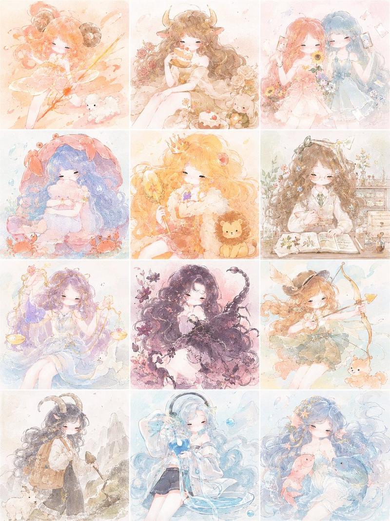 柔和色调十二星座少女网格图