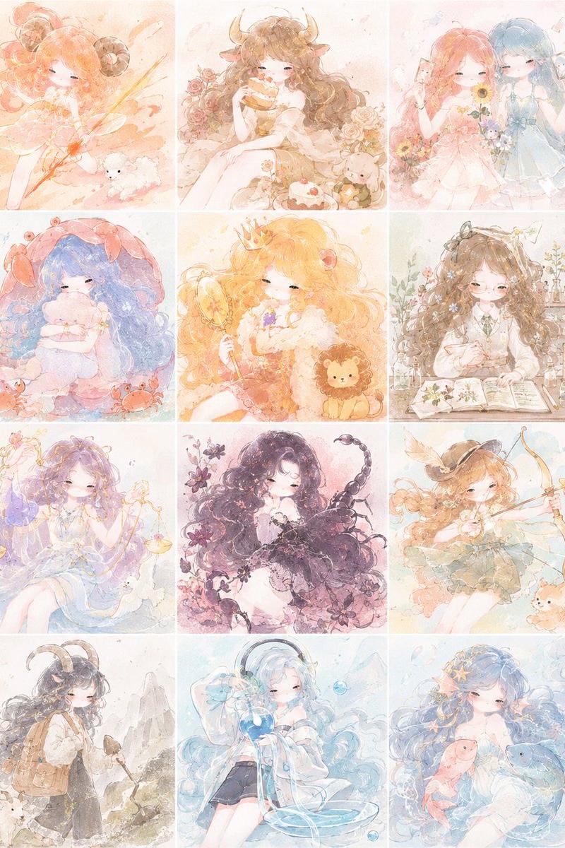 柔和色调十二星座少女网格图