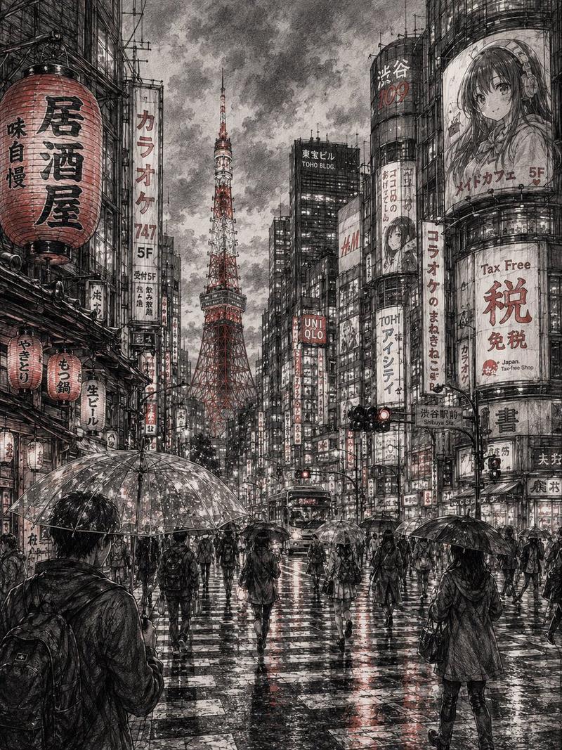 精细城市景观铅笔素描