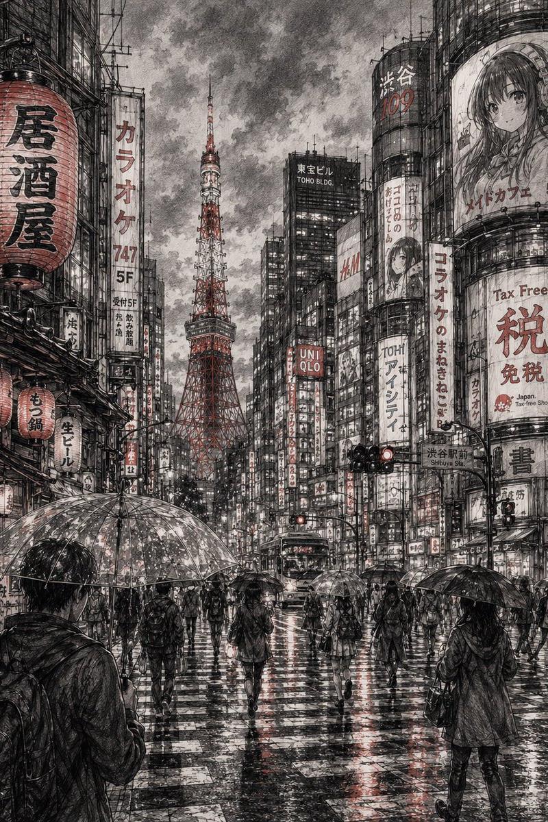 精细城市景观铅笔素描