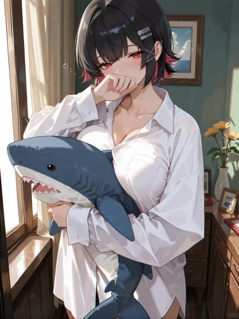 害羞动漫少女怀抱鲨鱼玩偶