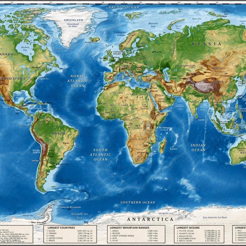 带有信息面板的详细物理世界地图