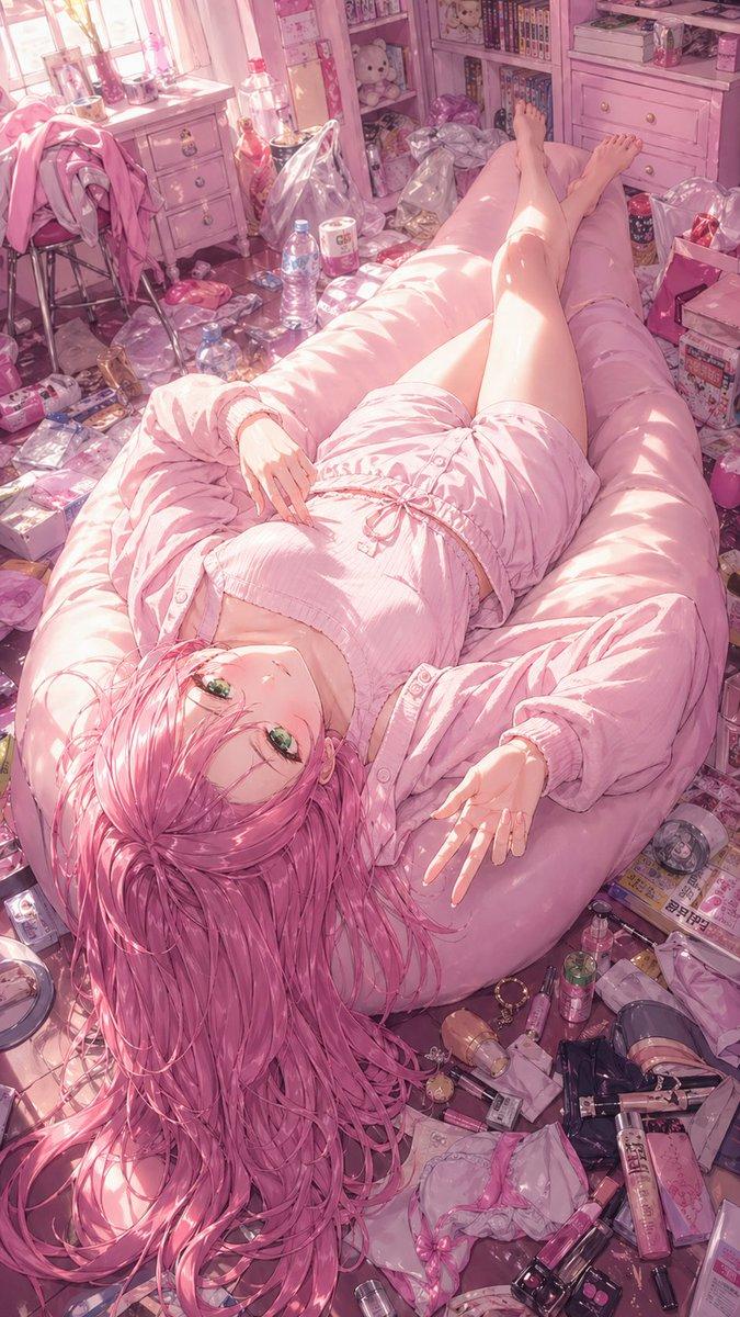凌乱卧室里的粉发动漫少女